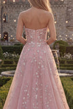 Sparkly Blue A-Line Strapless Beaded Long Tulle Prom Dress with Appliques