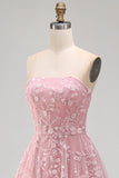 Sparkly Blue A-Line Strapless Beaded Long Formal Dress