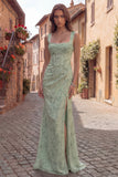 Dusty Sage Mermaid Corset Floral Beaded Square Neck Long Prom Dress with Slit
