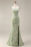 Dusty Sage Mermaid Corset Floral Beaded Square Neck Long Prom Dress with Slit