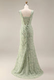 Dusty Sage Mermaid Corset Floral Beaded Square Neck Long Prom Dress with Slit