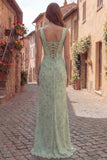Dusty Sage Mermaid Corset Floral Beaded Square Neck Long Prom Dress with Slit