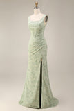 Dusty Sage Mermaid Corset Floral Beaded Square Neck Long Prom Dress with Slit