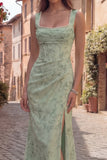 Dusty Sage Mermaid Corset Floral Beaded Square Neck Long Prom Dress with Slit