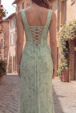 Dusty Sage Mermaid Corset Floral Beaded Square Neck Long Prom Dress with Slit