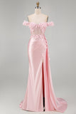 Pink Floral Ruched Corset Long Mermaid Formal Dress with Side Cape