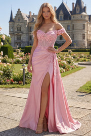 Pink Floral Ruched Corset Long Mermaid Formal Dress with Side Cape
