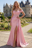 Pink Mermaid Sheer Corset Off The Shoulder Long Prom Dress with Slit