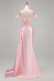 Pink Floral Ruched Corset Long Mermaid Formal Dress with Side Cape
