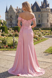 Pink Floral Ruched Mermaid Corset Long Prom Dress with Side Cape