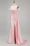 Pink Mermaid Floral Corset Off The Shoulder Long Formal Dress with Slit