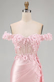 Pink Floral Ruched Corset Long Mermaid Formal Dress with Side Cape