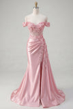 Pink Floral Ruched Mermaid Corset Long Prom Dress with Side Cape