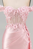 Pink Floral Ruched Corset Long Mermaid Formal Dress with Side Cape