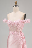 Pink Mermaid Floral Corset Off The Shoulder Long Formal Dress with Slit