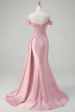Pink Floral Ruched Mermaid Corset Long Prom Dress with Side Cape