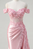 Pink Mermaid Sheer Corset Off The Shoulder Long Prom Dress with Slit
