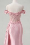 Pink Mermaid Sheer Corset Off The Shoulder Long Prom Dress with Slit