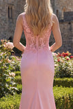 Pink Sheer Corset Mermaid 3D Flowers Long Prom Dress with Side Slit