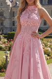 Halter Pink Corset A-Line Open Back Long Prom Dress with Bow