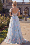 Tulle A-Line Blue Cold Shoulder Floral Corset Appliqued Long Prom Dress with 3D Flowers