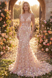 Champagne Tulle Mermaid V-Neck Floral Appliqued Long Prom Dress