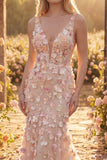 Champagne Tulle Mermaid V-Neck Floral Appliqued Long Prom Dress