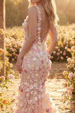 Champagne Tulle Mermaid V-Neck Floral Appliqued Long Prom Dress