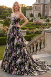 Black Pink Flower Tulle Strapless A-Line Floral Embroidered Long Prom Dress