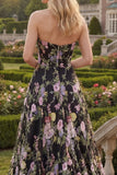 Black Pink Flower Tulle Strapless A-Line Floral Embroidered Long Prom Dress