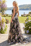 Black Pink Flower Tulle A-Line V-Neck Floral Embroidered Long Prom Dress