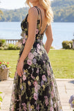 Black Pink Flower Tulle A-Line V-Neck Floral Embroidered Long Prom Dress