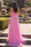 Hot Pink Tulle Sheath Strapless  Long Prom Dress with Ruffles