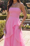 Hot Pink Tulle Sheath Strapless  Long Prom Dress with Ruffles