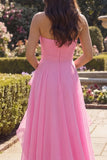 Hot Pink Tulle Sheath Strapless  Long Prom Dress with Ruffles