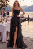 Navy A-Line Strapless Ruffled Long Formal Dress with Slit