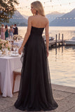 Navy A-Line Strapless Ruffled Long Formal Dress with Slit