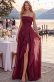 Navy A-Line Strapless Ruffled Long Formal Dress with Slit