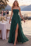 Navy A-Line Strapless Ruffled Long Formal Dress with Slit