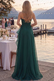Navy A-Line Strapless Ruffled Long Formal Dress with Slit
