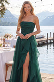 Navy A-Line Strapless Ruffled Long Formal Dress with Slit