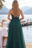 Navy A-Line Strapless Ruffled Long Formal Dress with Slit