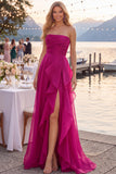 Navy A-Line Strapless Ruffled Long Formal Dress with Slit