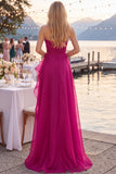 Navy A-Line Strapless Ruffled Long Formal Dress with Slit