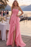Navy A-Line Strapless Ruffled Long Formal Dress with Slit