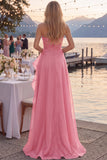 Navy A-Line Strapless Ruffled Long Formal Dress with Slit