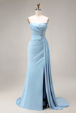 Satin Blue Mermaid Ruched Sequins Strapless Long Formal Dress with Slit
