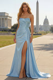 Satin Blue Mermaid Ruched Sequins Strapless Long Formal Dress with Slit