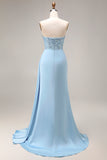 Satin Blue Mermaid Ruched Sequins Strapless Long Formal Dress with Slit