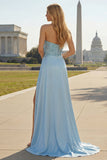 Satin Blue Mermaid Ruched Sequins Strapless Long Formal Dress with Slit